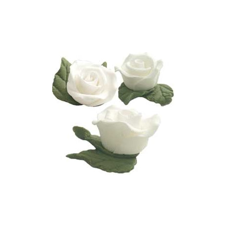 Cupcake Rose On 2 Leaf White 32 per box - Sugar Dec