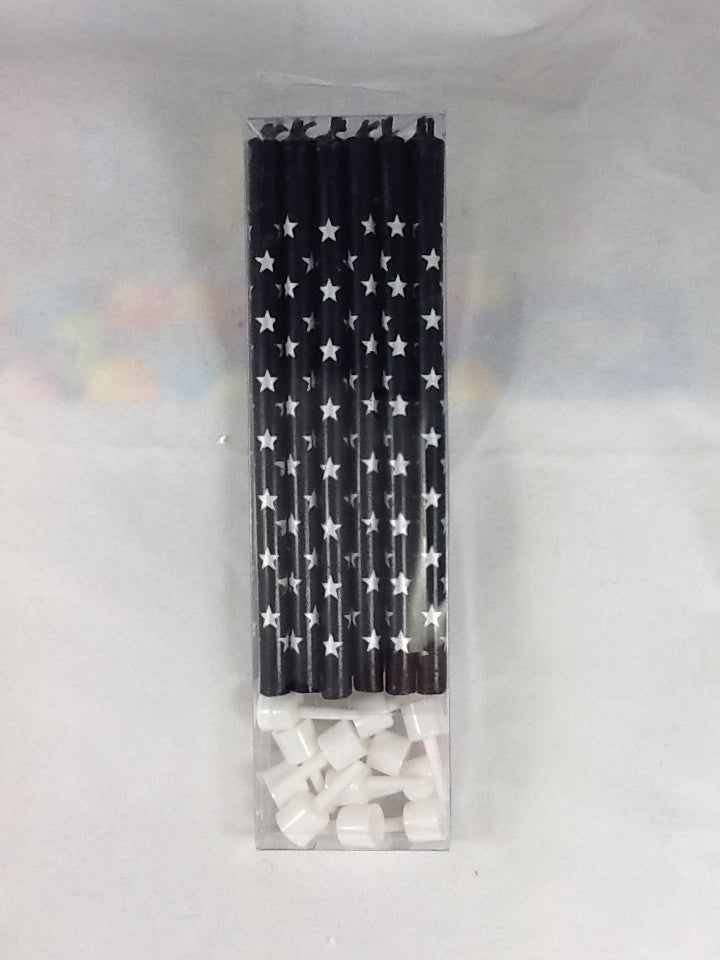 Long Candle with Holder - Black with Silver Stars (Box of 12 Packets)