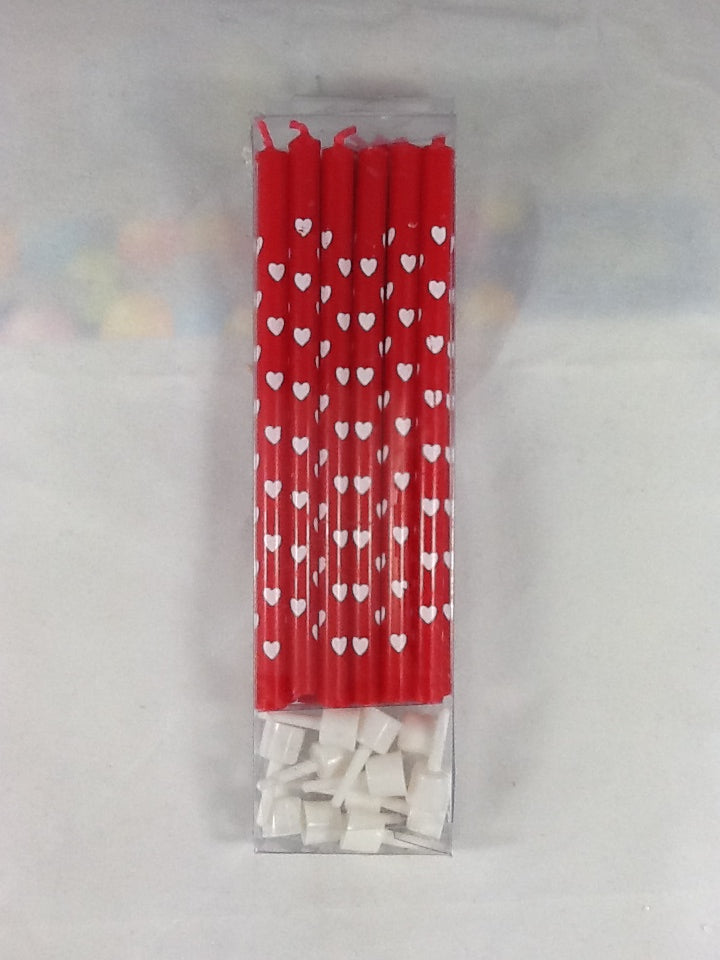 Long Candle with Holder - Red White Hearts (Box of 12 Packets)