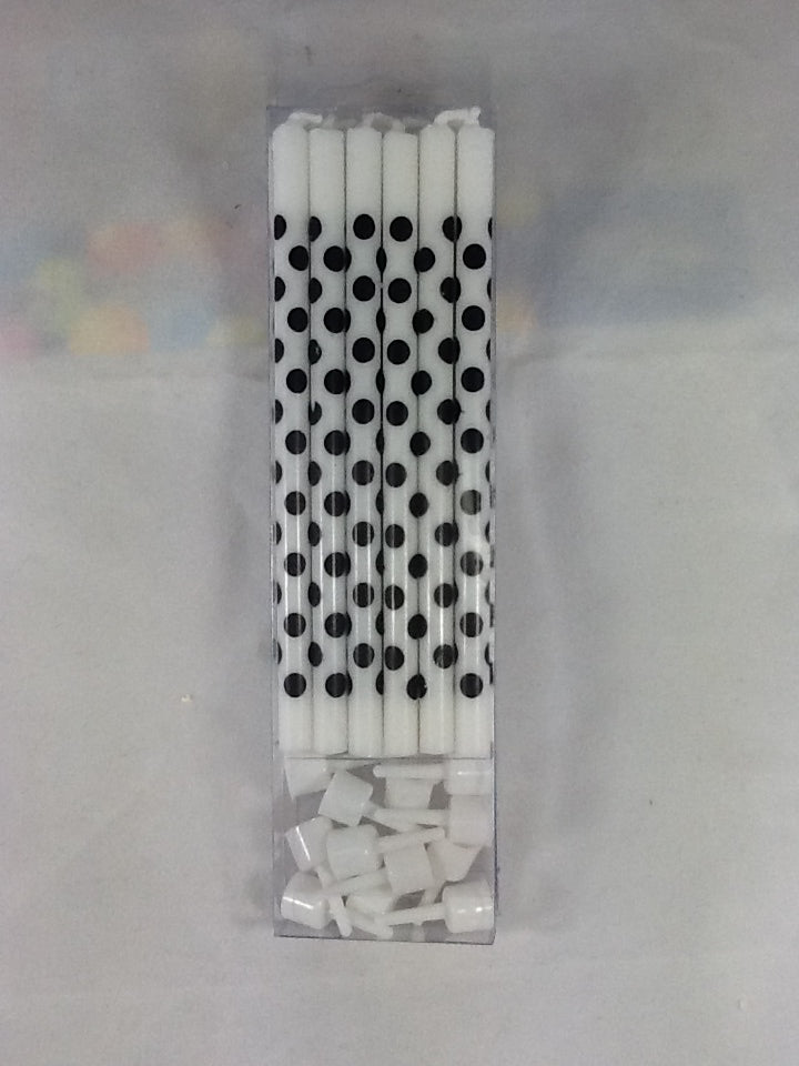 Long Candle with Holder - White with Black Polkadots (Box of 12 Packets)